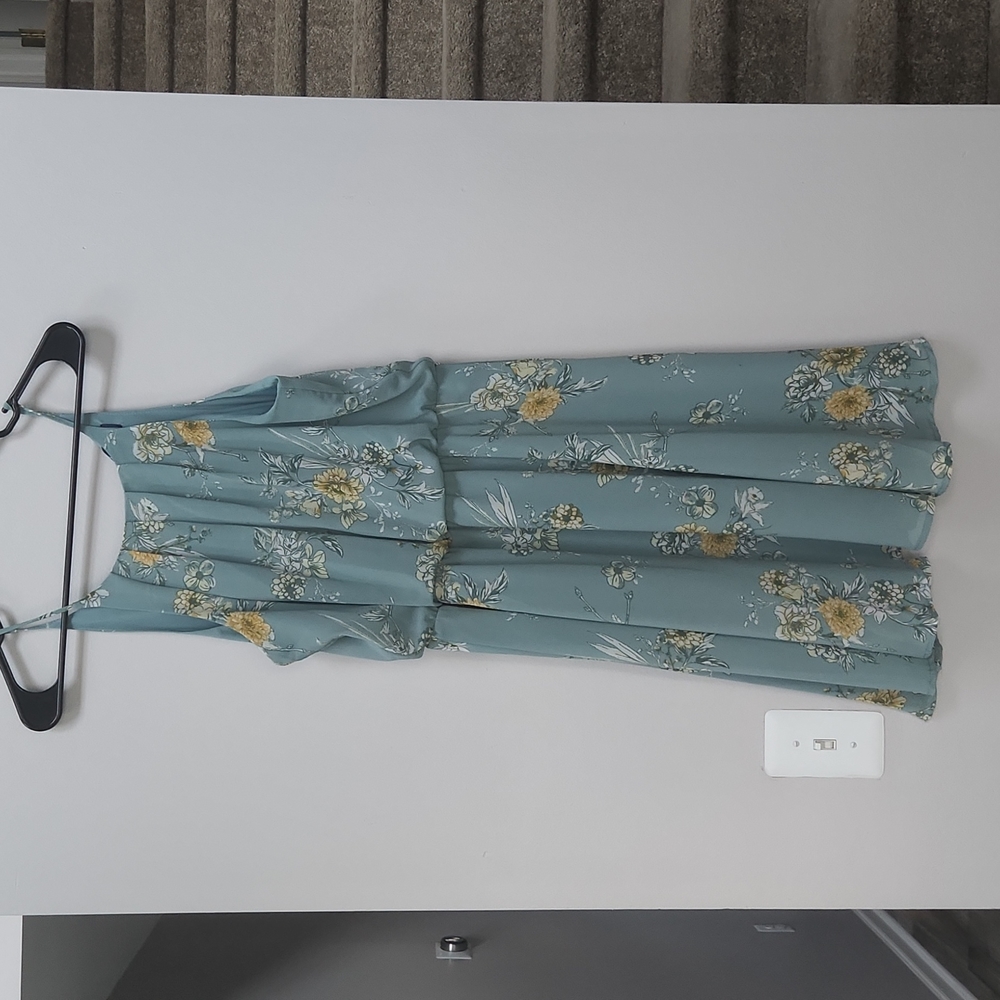 Blue Rain Floral Dress Light Green Yellow White Women's Large